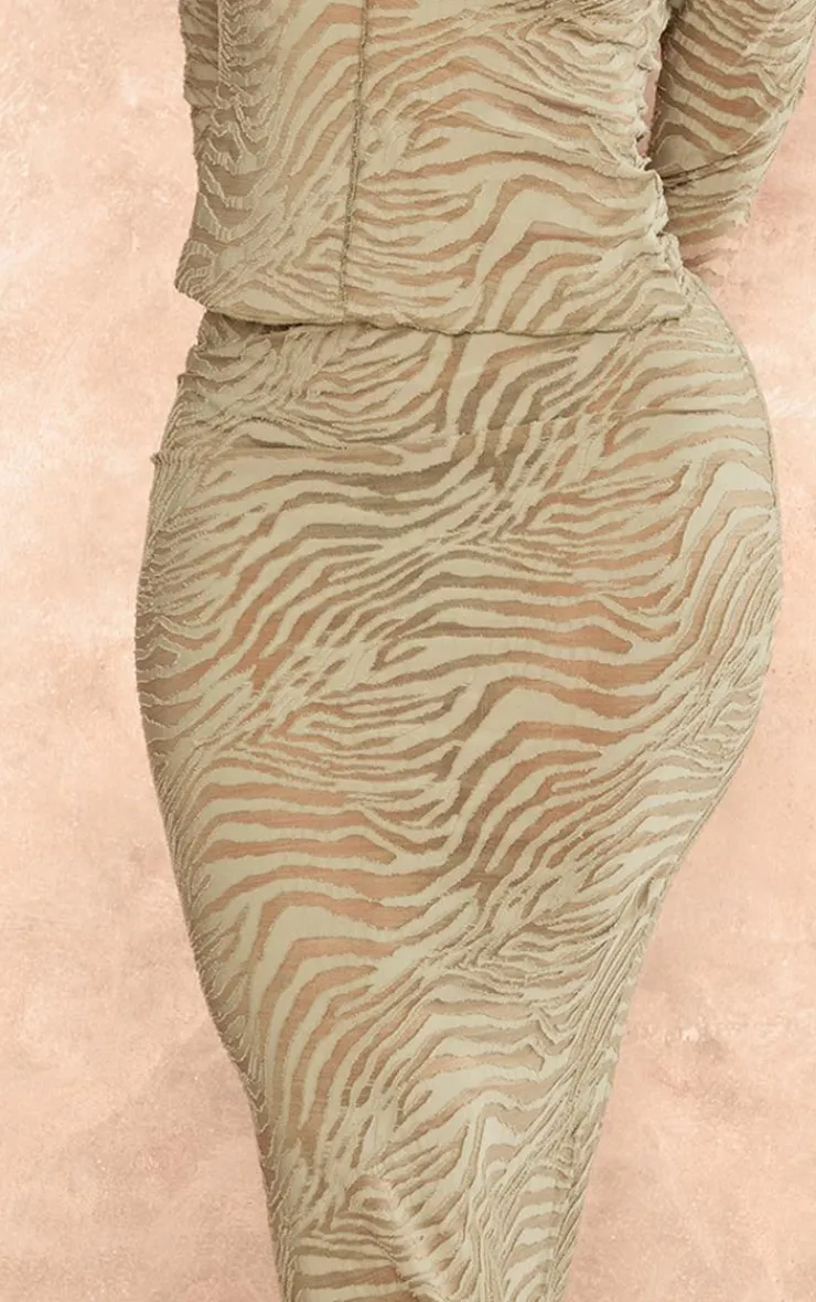 Discount PrettyLittleThing Shape Flocked Mesh Maxi Skirt Sage Green