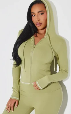 Sale PrettyLittleThing Shape Sculpted Contrast Stitch Zip Through Hoodie Sage Green
