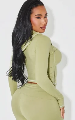 Sale PrettyLittleThing Shape Sculpted Contrast Stitch Zip Through Hoodie Sage Green