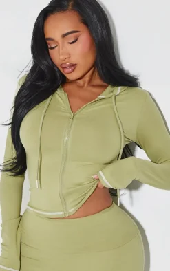 Sale PrettyLittleThing Shape Sculpted Contrast Stitch Zip Through Hoodie Sage Green