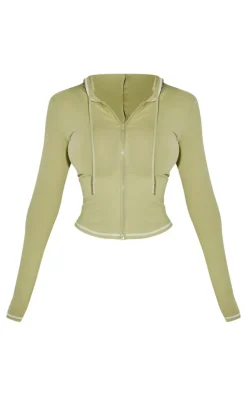 Sale PrettyLittleThing Shape Sculpted Contrast Stitch Zip Through Hoodie Sage Green