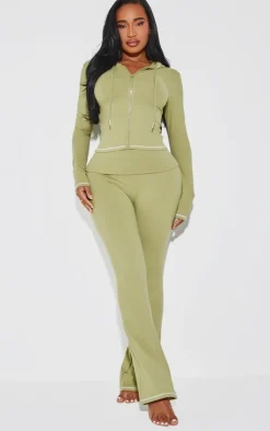 Clearance PrettyLittleThing Shape Sculpted Contrast Stitch Foldover Waist Flare Pants Sage Green