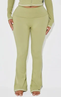 Clearance PrettyLittleThing Shape Sculpted Contrast Stitch Foldover Waist Flare Pants Sage Green