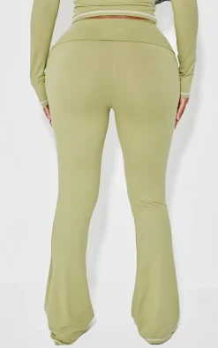 Clearance PrettyLittleThing Shape Sculpted Contrast Stitch Foldover Waist Flare Pants Sage Green