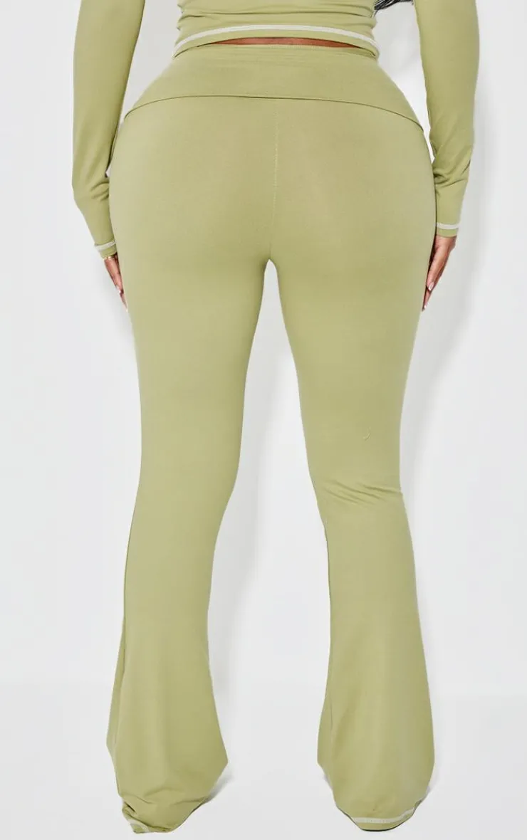 Clearance PrettyLittleThing Shape Sculpted Contrast Stitch Foldover Waist Flare Pants Sage Green