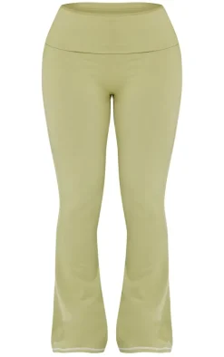 Clearance PrettyLittleThing Shape Sculpted Contrast Stitch Foldover Waist Flare Pants Sage Green