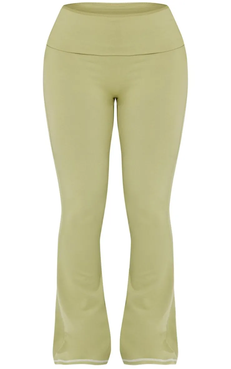 Clearance PrettyLittleThing Shape Sculpted Contrast Stitch Foldover Waist Flare Pants Sage Green