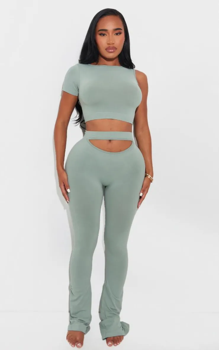 Discount PrettyLittleThing Shape Soft Seamless One Sleeve Crop Top Sage Green