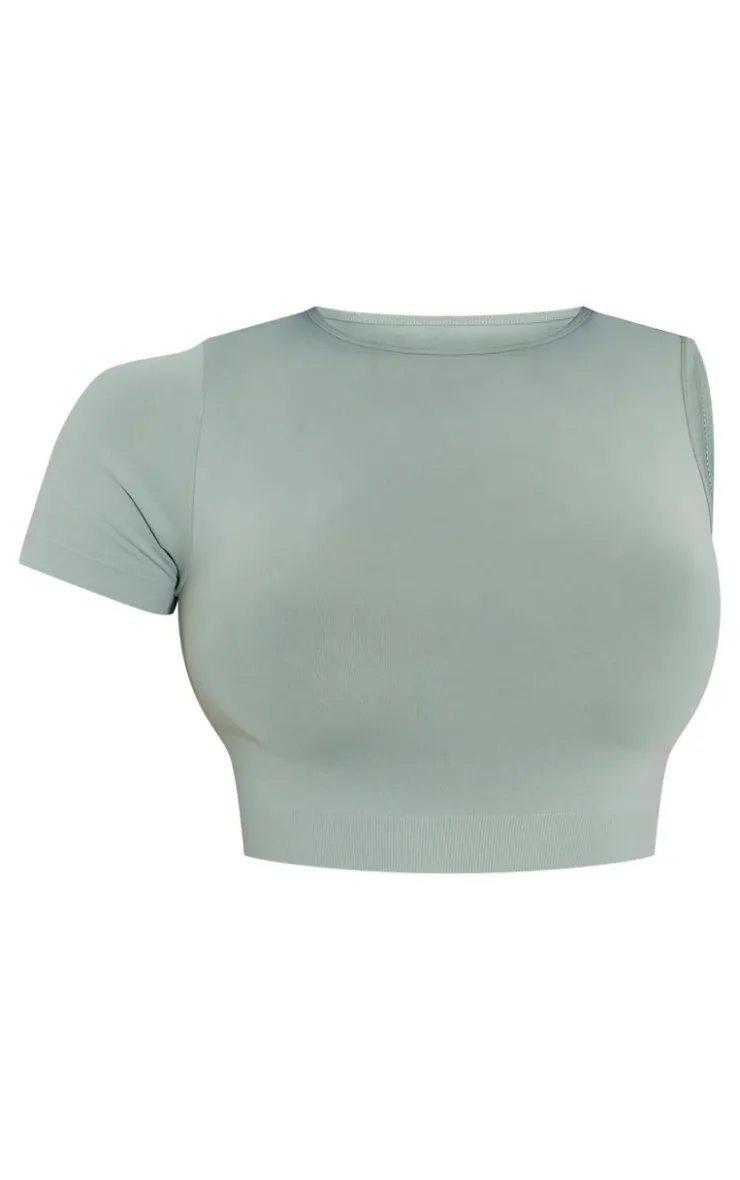 Discount PrettyLittleThing Shape Soft Seamless One Sleeve Crop Top Sage Green