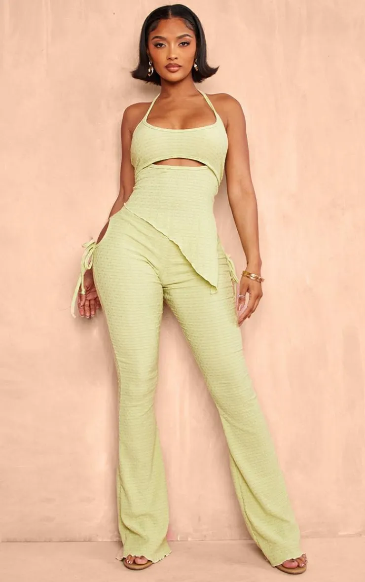 New PrettyLittleThing Shape Textured Cut Out Flare Pants Sage Green