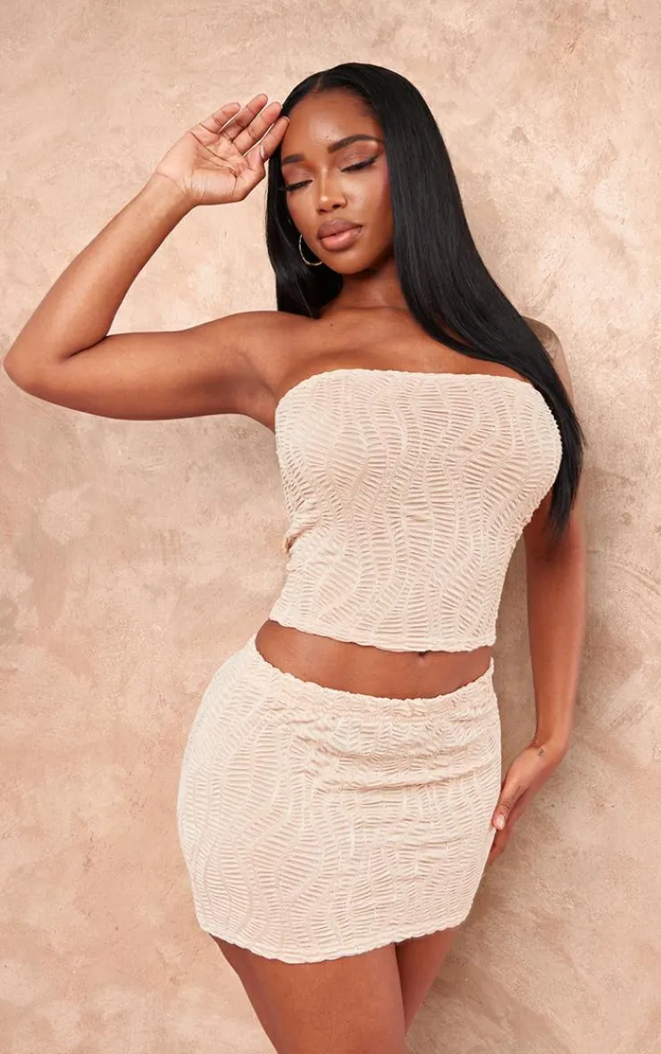 Online PrettyLittleThing Shape Textured Longline Bandeau Top Sand