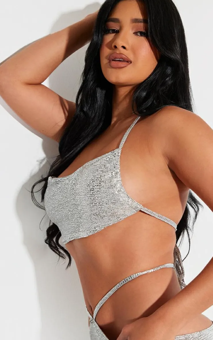 Online PrettyLittleThing Shape Glitter Textured Halterneck Top Silver