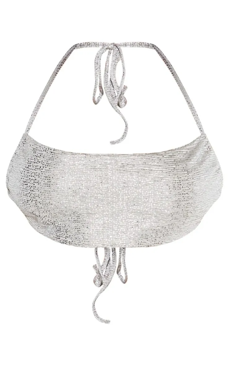 Online PrettyLittleThing Shape Glitter Textured Halterneck Top Silver