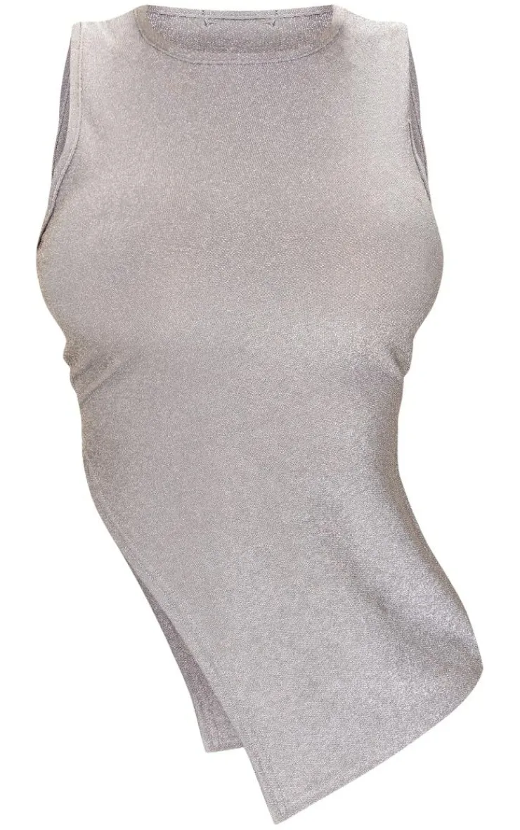 Online PrettyLittleThing Shape Lurex Glitter Asymmetric Longline Top Silver