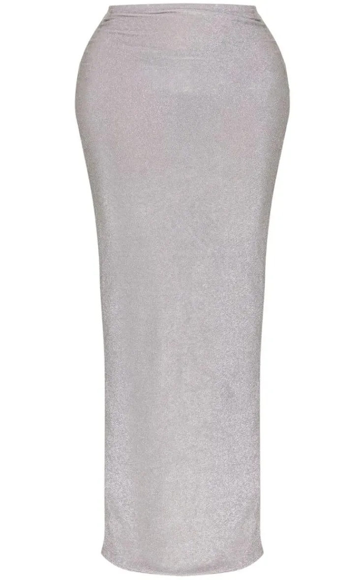 PrettyLittleThing Shape Lurex Glitter Low Rise Maxi Skirt Silver