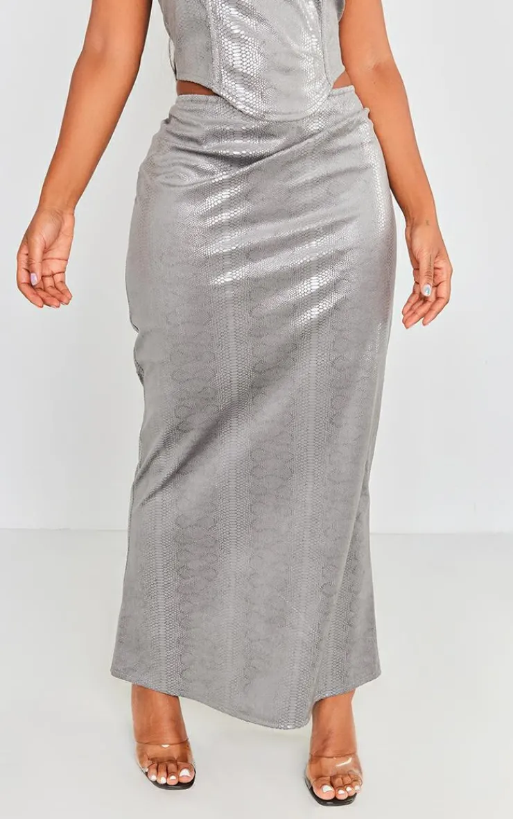 Online PrettyLittleThing Shape Metallic Croc Maxi Skirt Silver