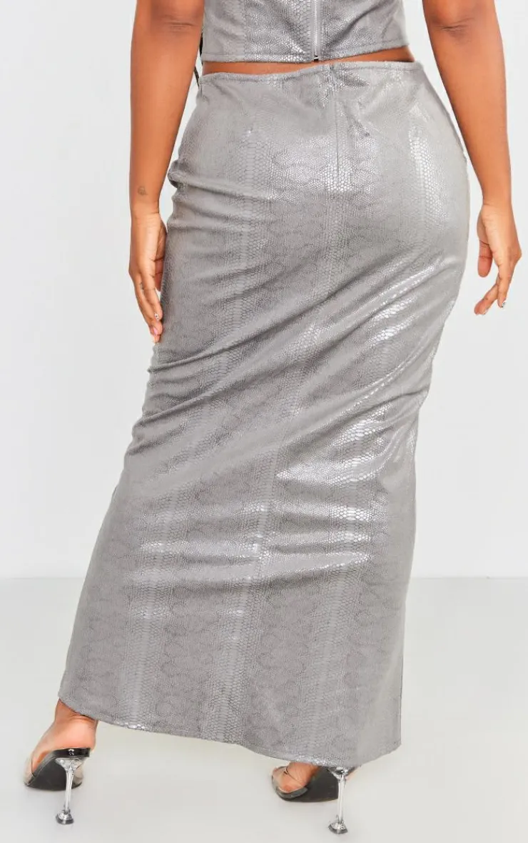Online PrettyLittleThing Shape Metallic Croc Maxi Skirt Silver