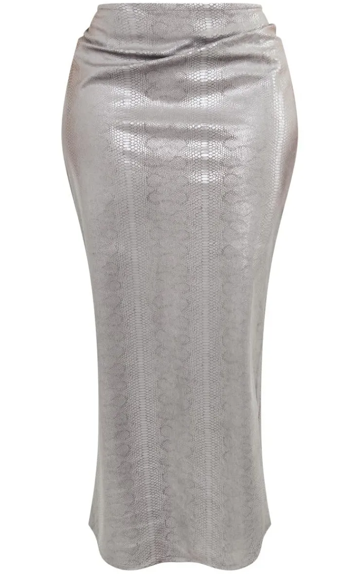 Online PrettyLittleThing Shape Metallic Croc Maxi Skirt Silver