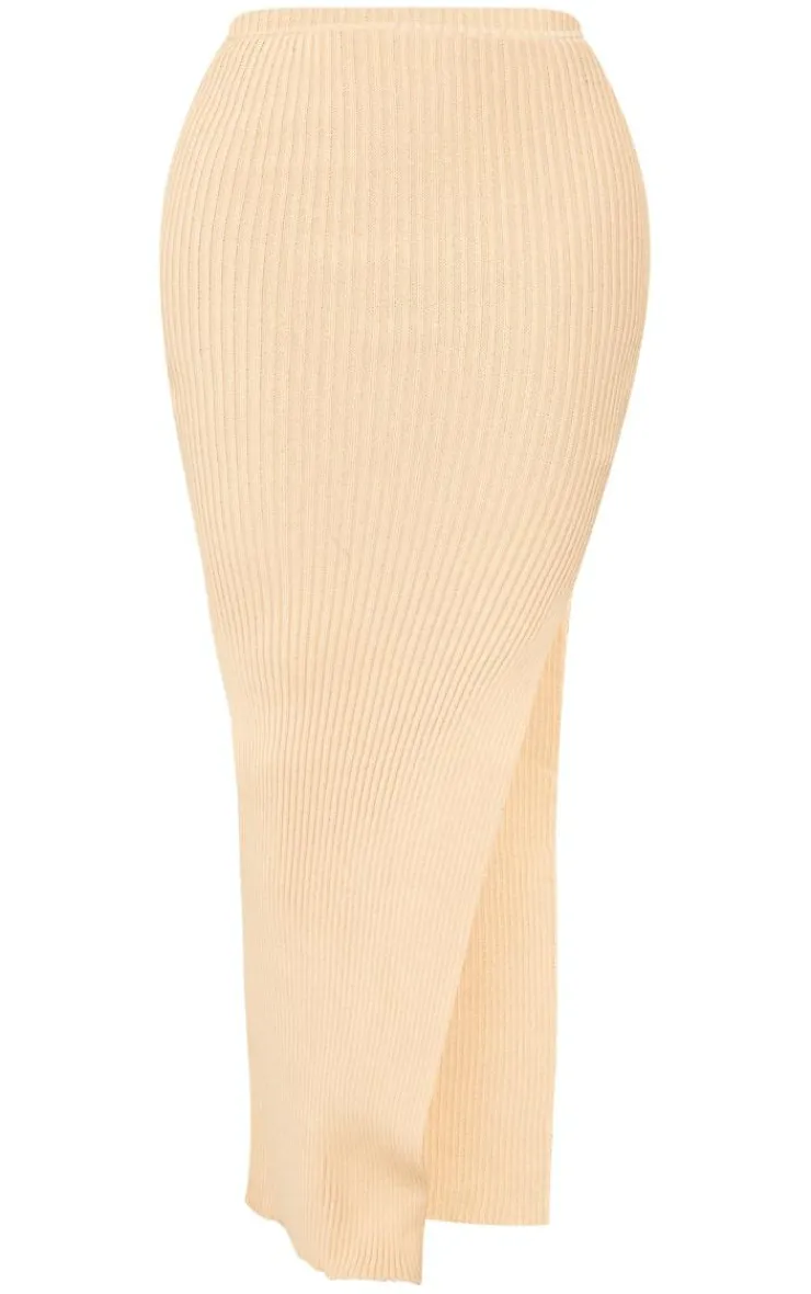Discount PrettyLittleThing Shape Knit Split Side Detail Midaxi Skirt Stone