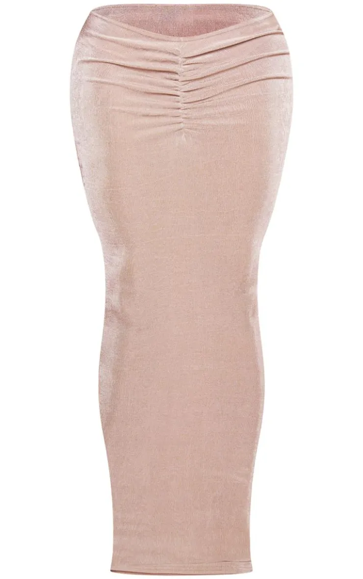 Outlet PrettyLittleThing Shape Slinky Acetate Low Rise Ruched Front Maxi Skirt Taupe