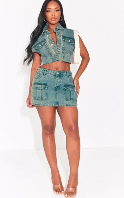 New PrettyLittleThing Shape Denim Low Rise Micro Mini Skirt Vintage Wash