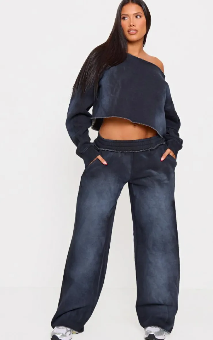 PrettyLittleThing Shape Distressed Waistband Wide Leg Sweatpants Washed Black