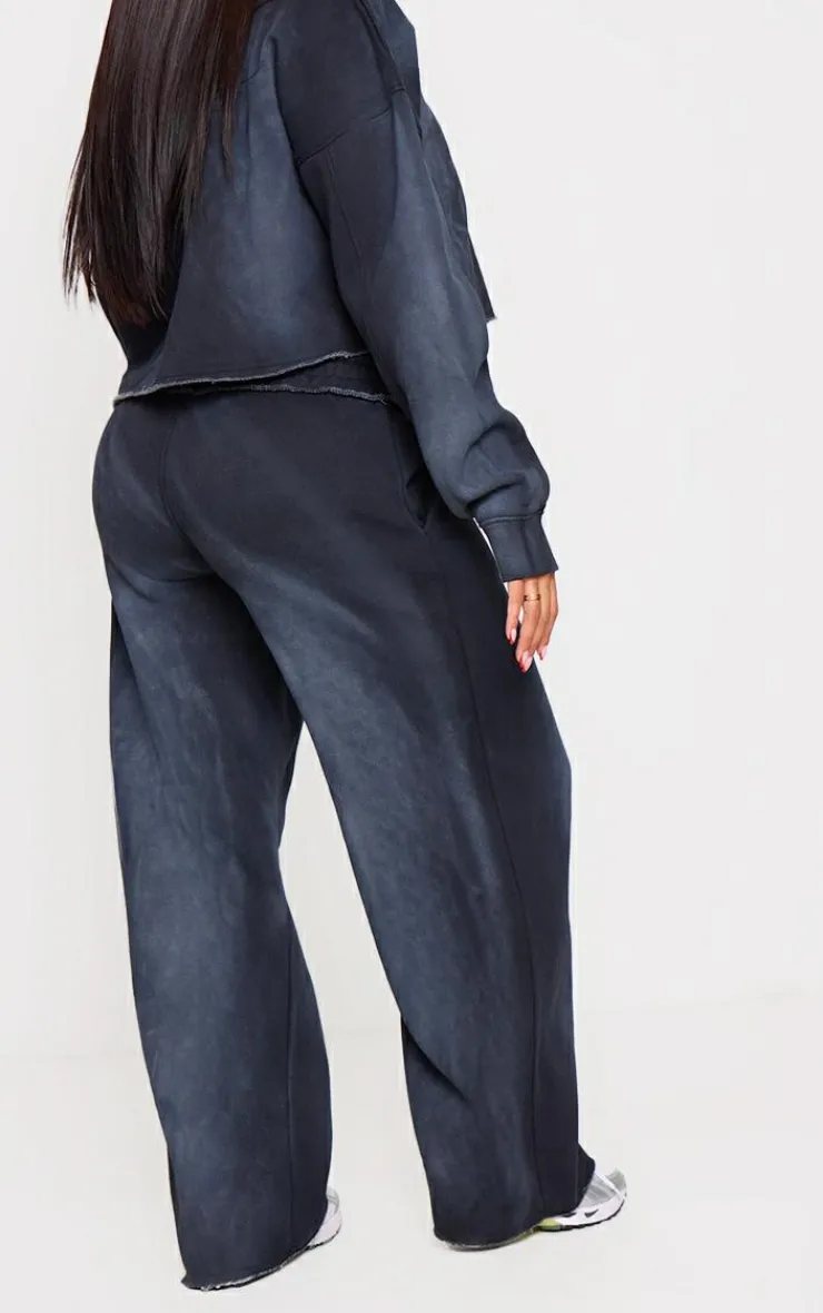 PrettyLittleThing Shape Distressed Waistband Wide Leg Sweatpants Washed Black
