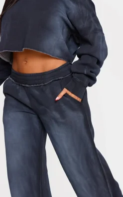 PrettyLittleThing Shape Distressed Waistband Wide Leg Sweatpants Washed Black