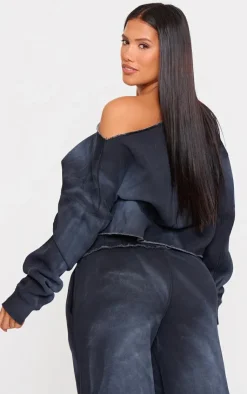 PrettyLittleThing Shape Raw Edge Off Shoulder Cropped Sweatshirt Washed Black