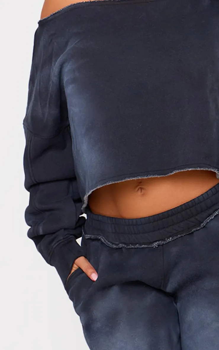 PrettyLittleThing Shape Raw Edge Off Shoulder Cropped Sweatshirt Washed Black
