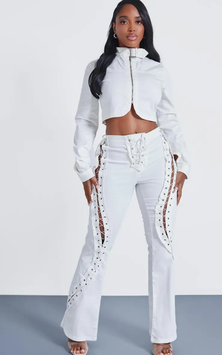 Hot PrettyLittleThing Shape Denim Lace Up Detail Flare Jeans White