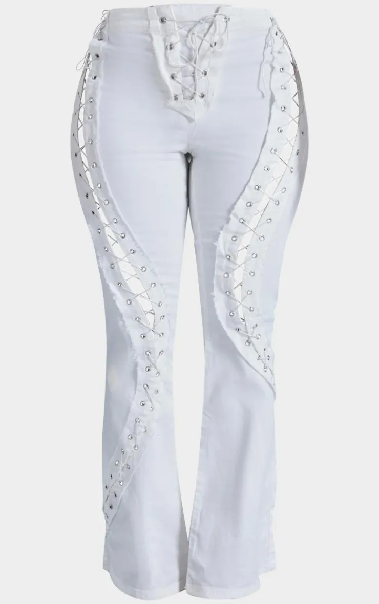 Hot PrettyLittleThing Shape Denim Lace Up Detail Flare Jeans White
