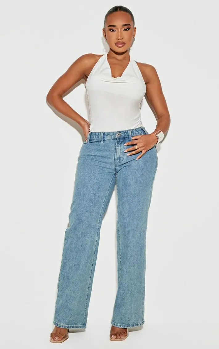 Shape White Halter Cowl Neck Open Back Bodysuit