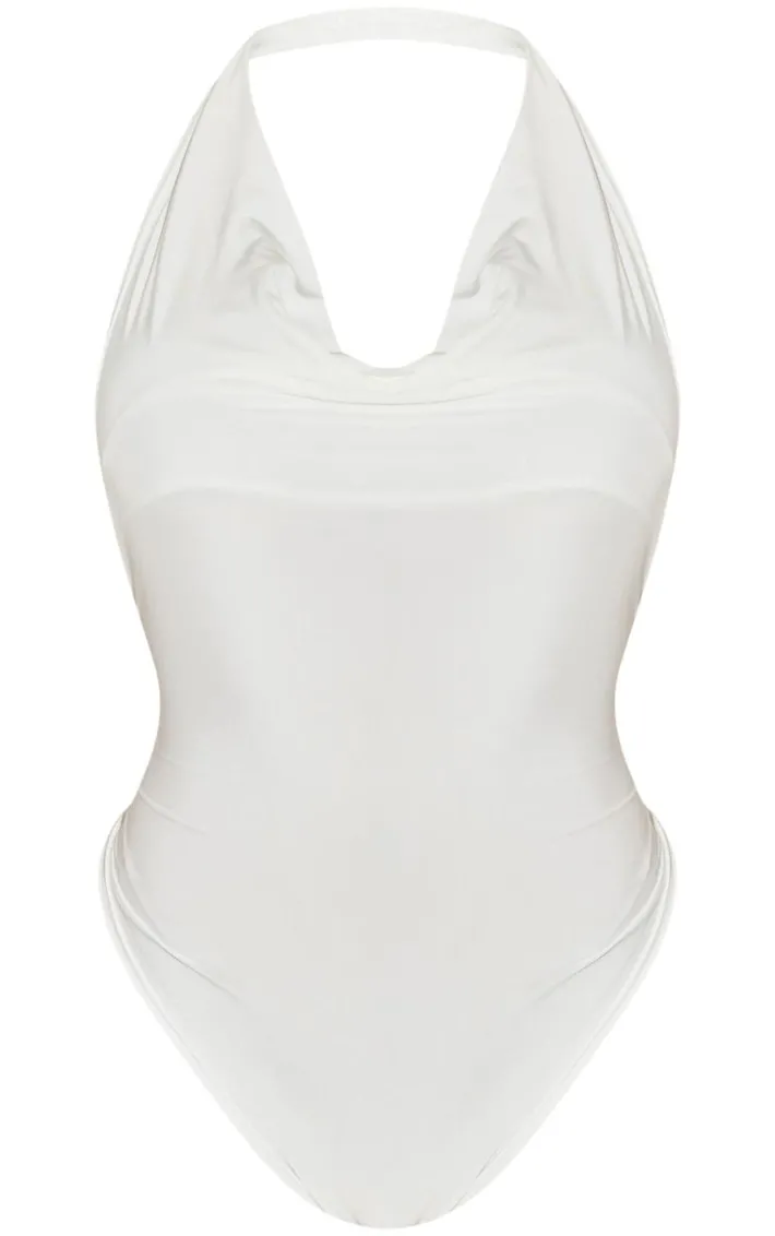 Shape White Halter Cowl Neck Open Back Bodysuit