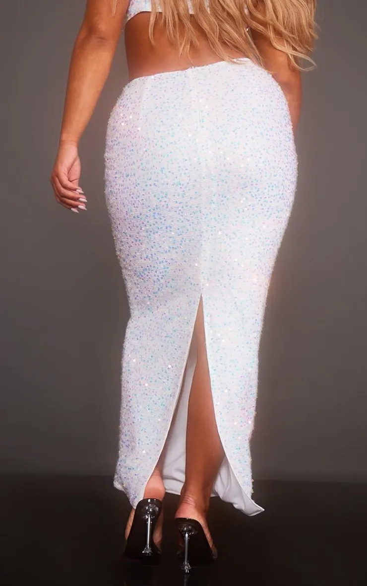 Online PrettyLittleThing Shape Sequin Maxi Skirt White