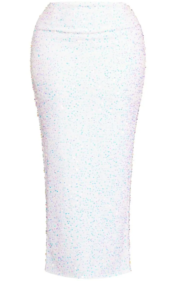 Online PrettyLittleThing Shape Sequin Maxi Skirt White