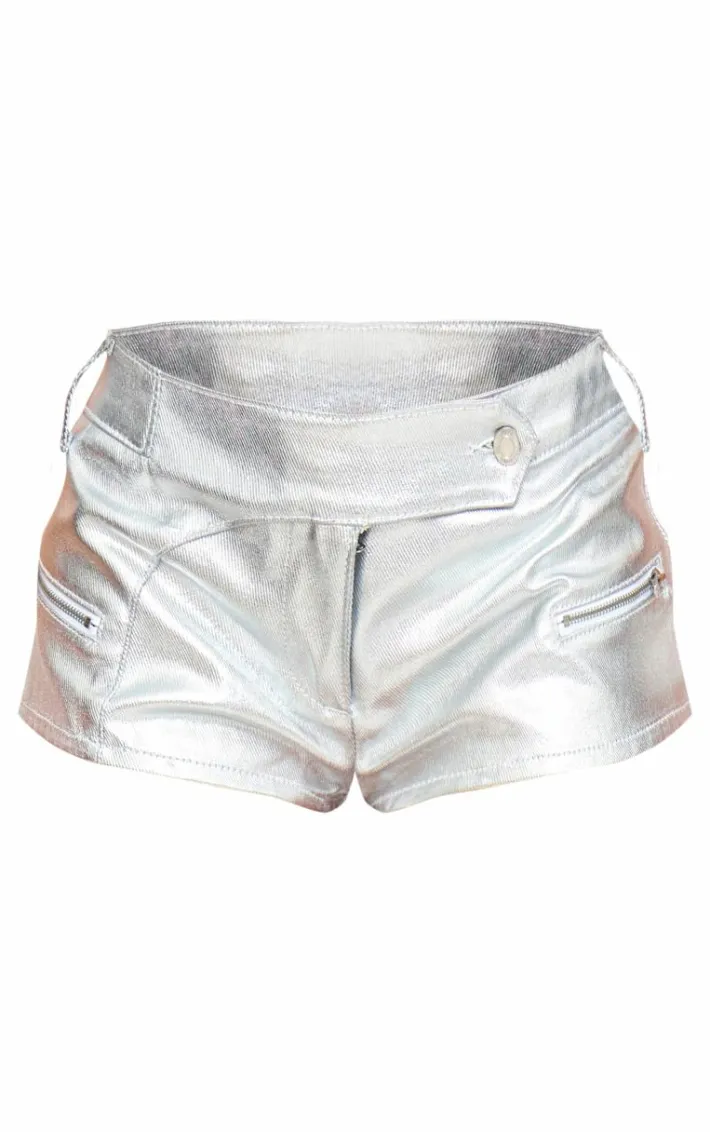 Silver Coated Denim Zip Detail Hot Pants