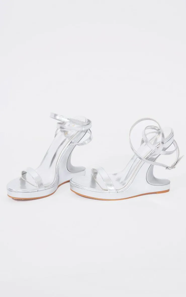 PrettyLittleThing Lace Up Heels*Metallic Round Toe Lace Up Strap Abstract Cut Out Wedge