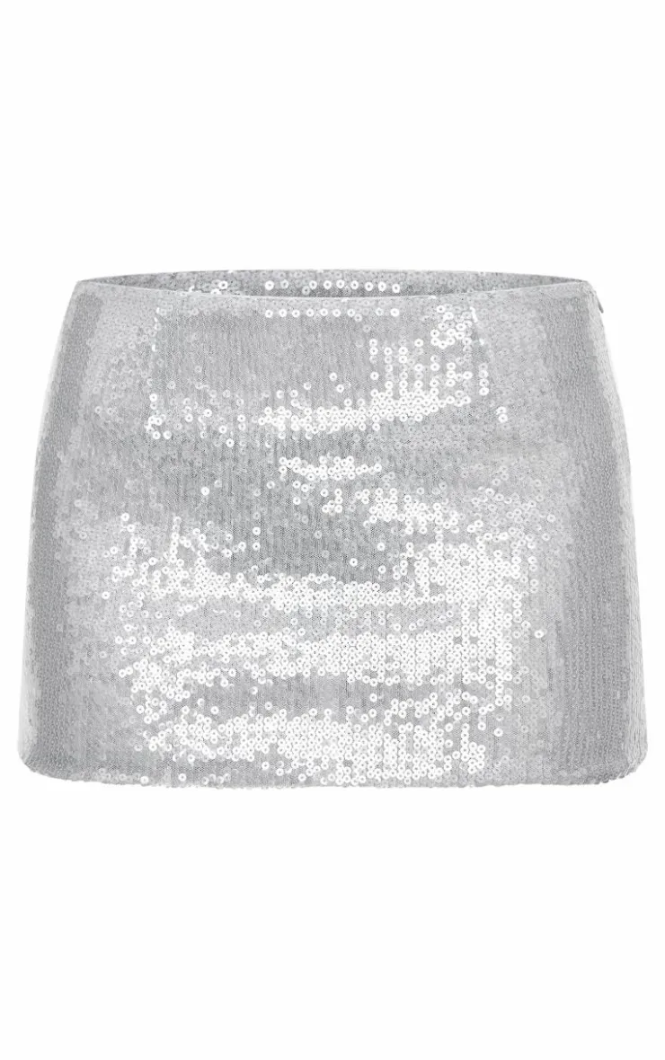 Hot PrettyLittleThing Sequin Bodycon Micro Mini Skirt Silver
