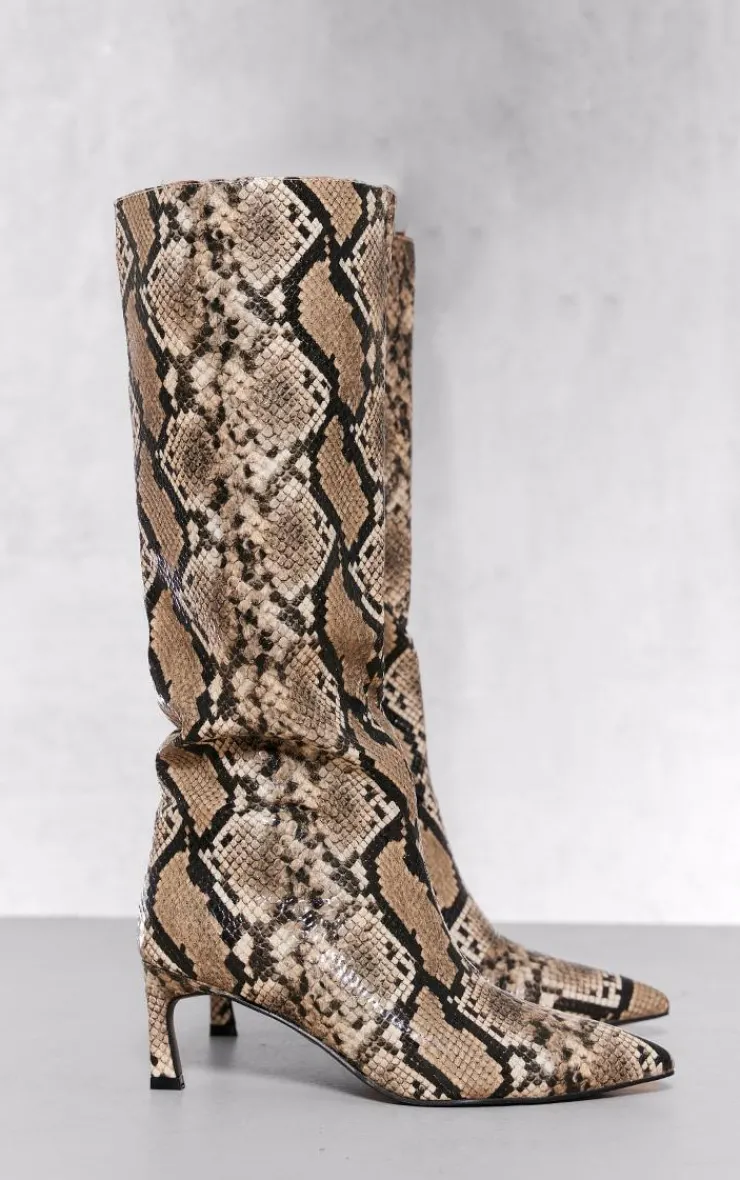 PrettyLittleThing Low Heels*Croc Pu Point Toe Low Heeled Knee Boots