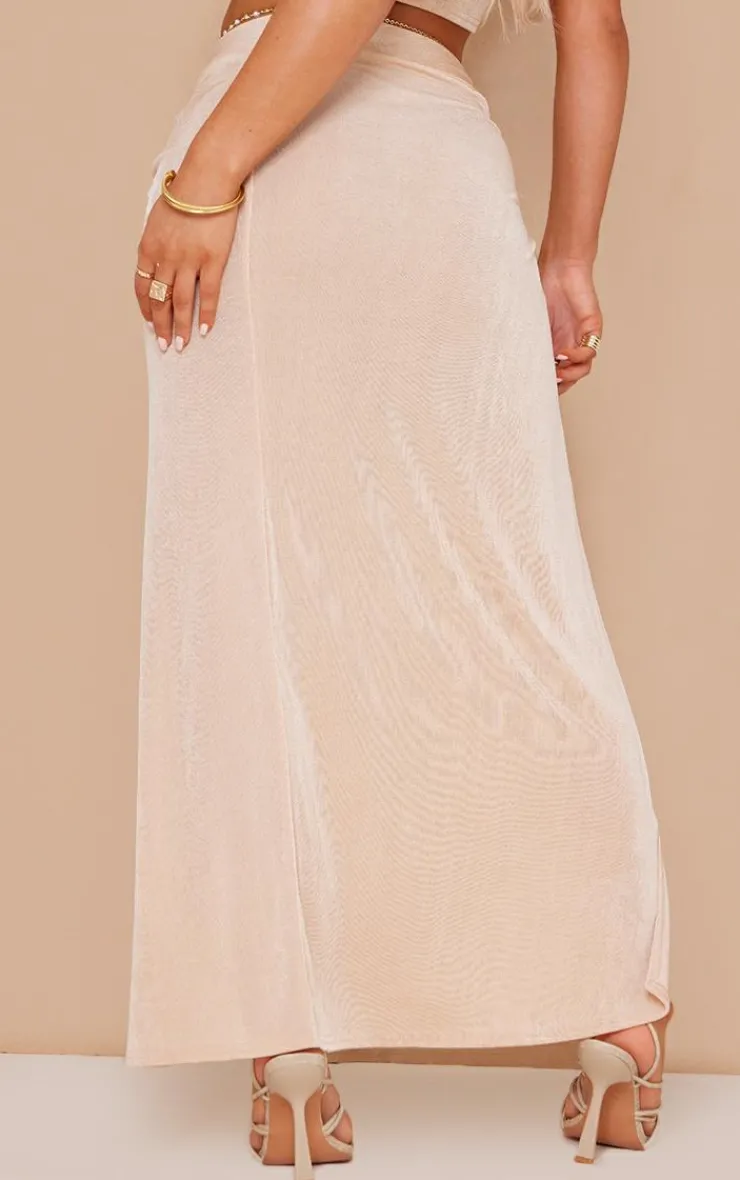 New PrettyLittleThing Acetate Slinky Ruched Knot Side Midaxi Skirt Stone