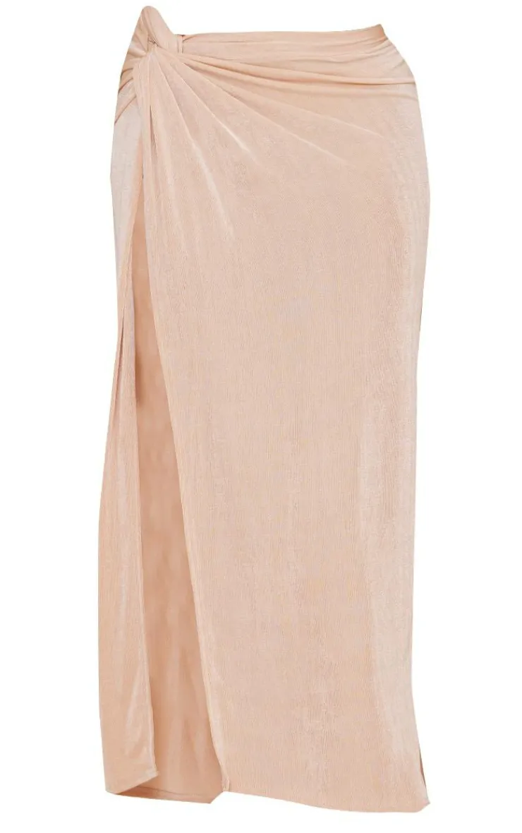 New PrettyLittleThing Acetate Slinky Ruched Knot Side Midaxi Skirt Stone