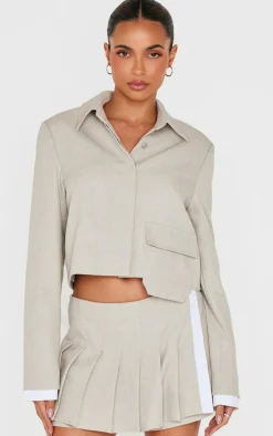 Discount PrettyLittleThing Button Up Tailored Cropped Jacket Stone