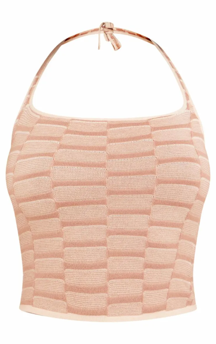 PrettyLittleThing Contrast Textured Knit Halterneck Top Stone