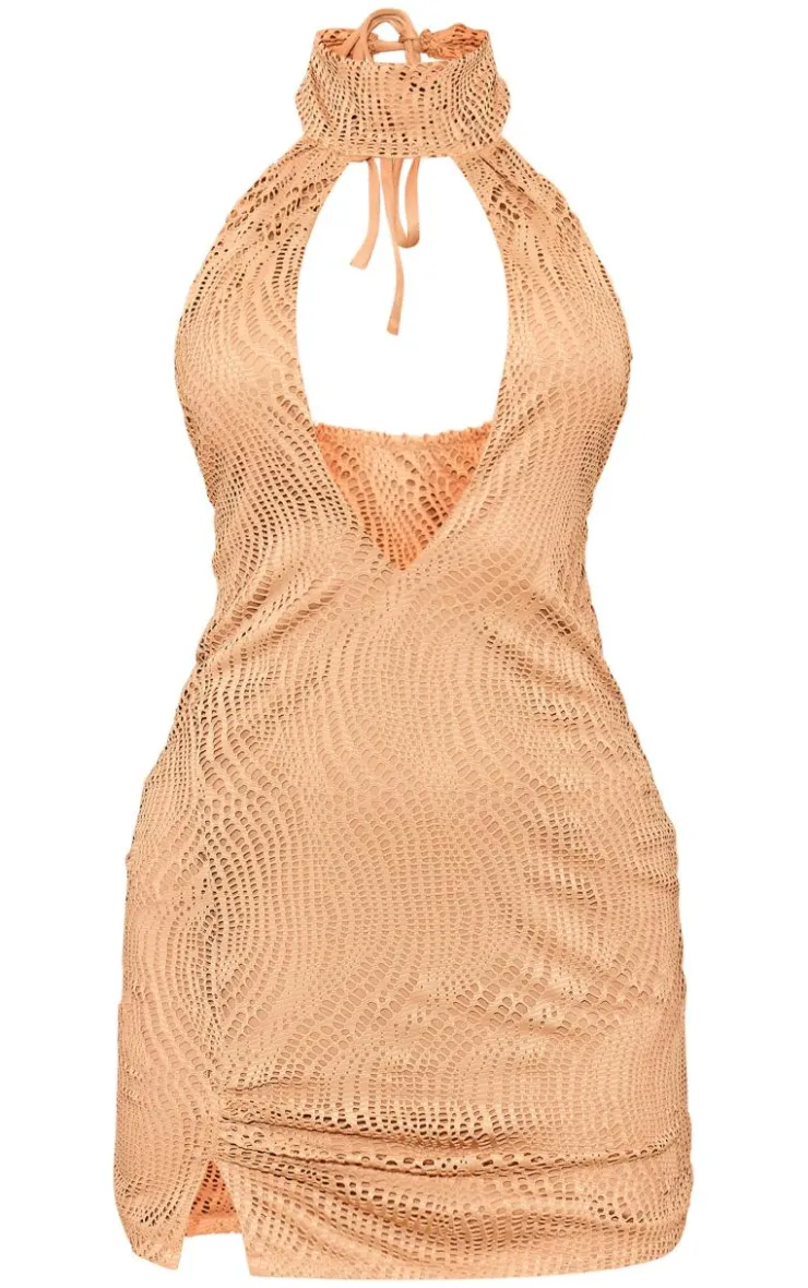 Crochet High Neck Halterneck Mini Dress-PrettyLittleThing Sale