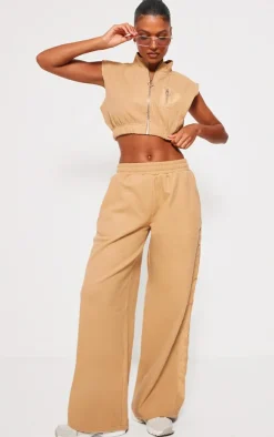 Clearance PrettyLittleThing Fleece Contrast Mid Rise Wide Leg Sweatpants Stone