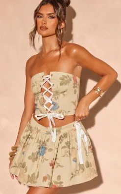 Best PrettyLittleThing Floral Denim Ribbon Detail Corset Top Stone