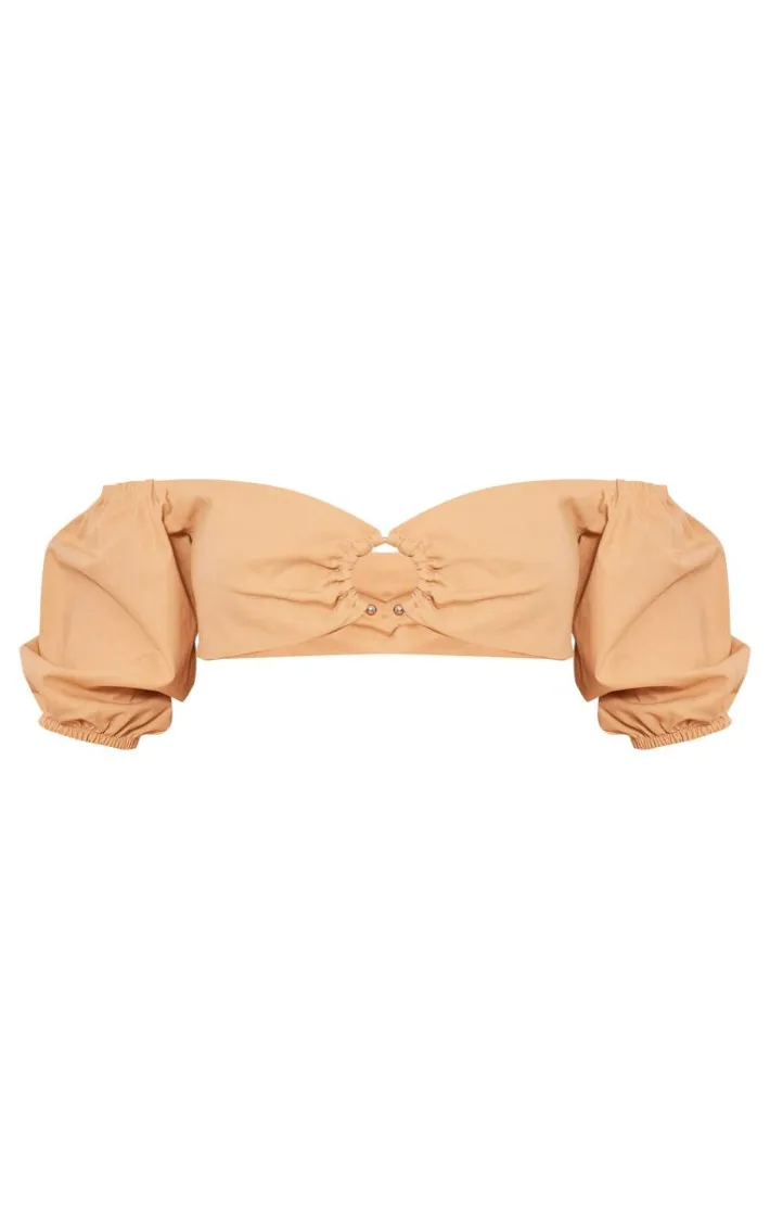 Stone Linen Look Cropped Ring Detail Top