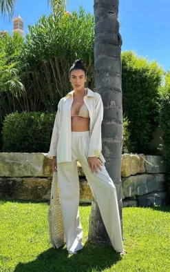 New PrettyLittleThing Linen Look Oversized Wide Leg Pants Stone