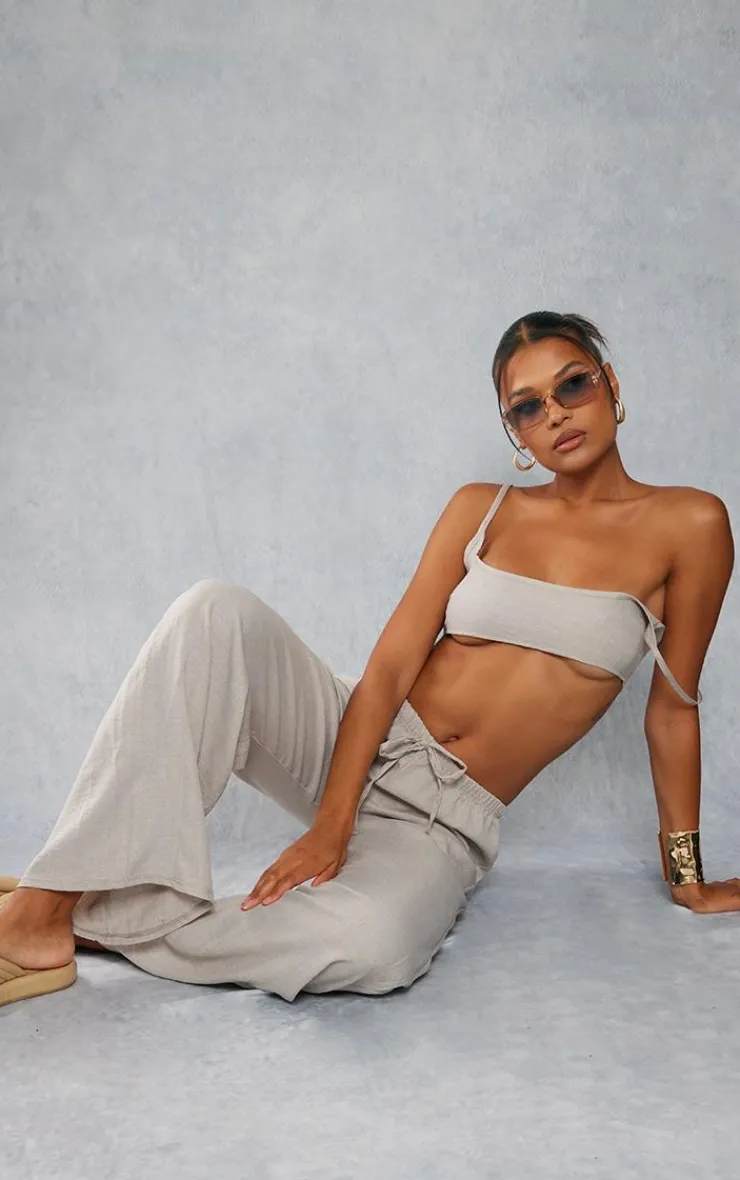 Online PrettyLittleThing Linen Look Strappy Bralet Stone